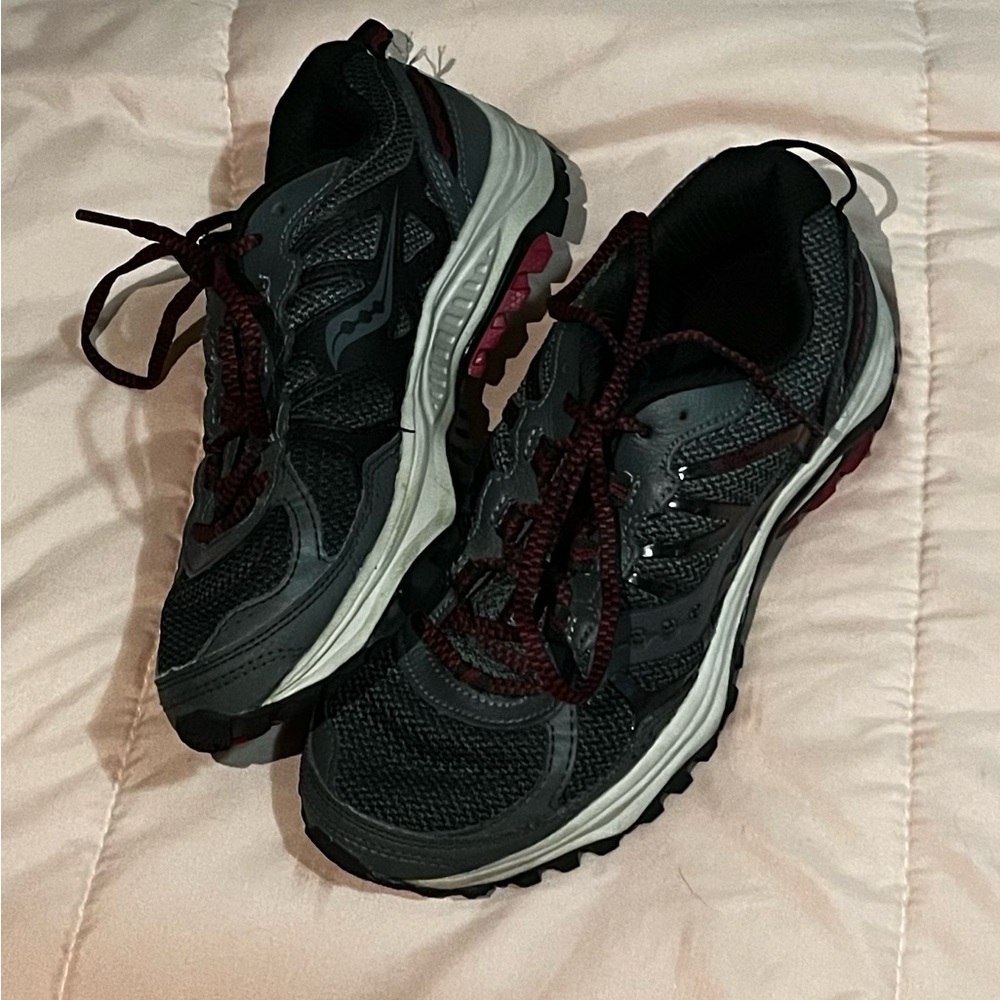 Gray, Magenta, and Black Athletic Shoes